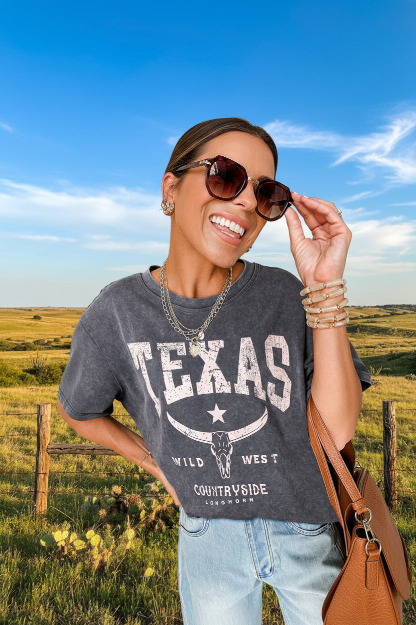 Medium Grey TEXAS Steer Head Graphic Mineral Wash Oversized T Shirt