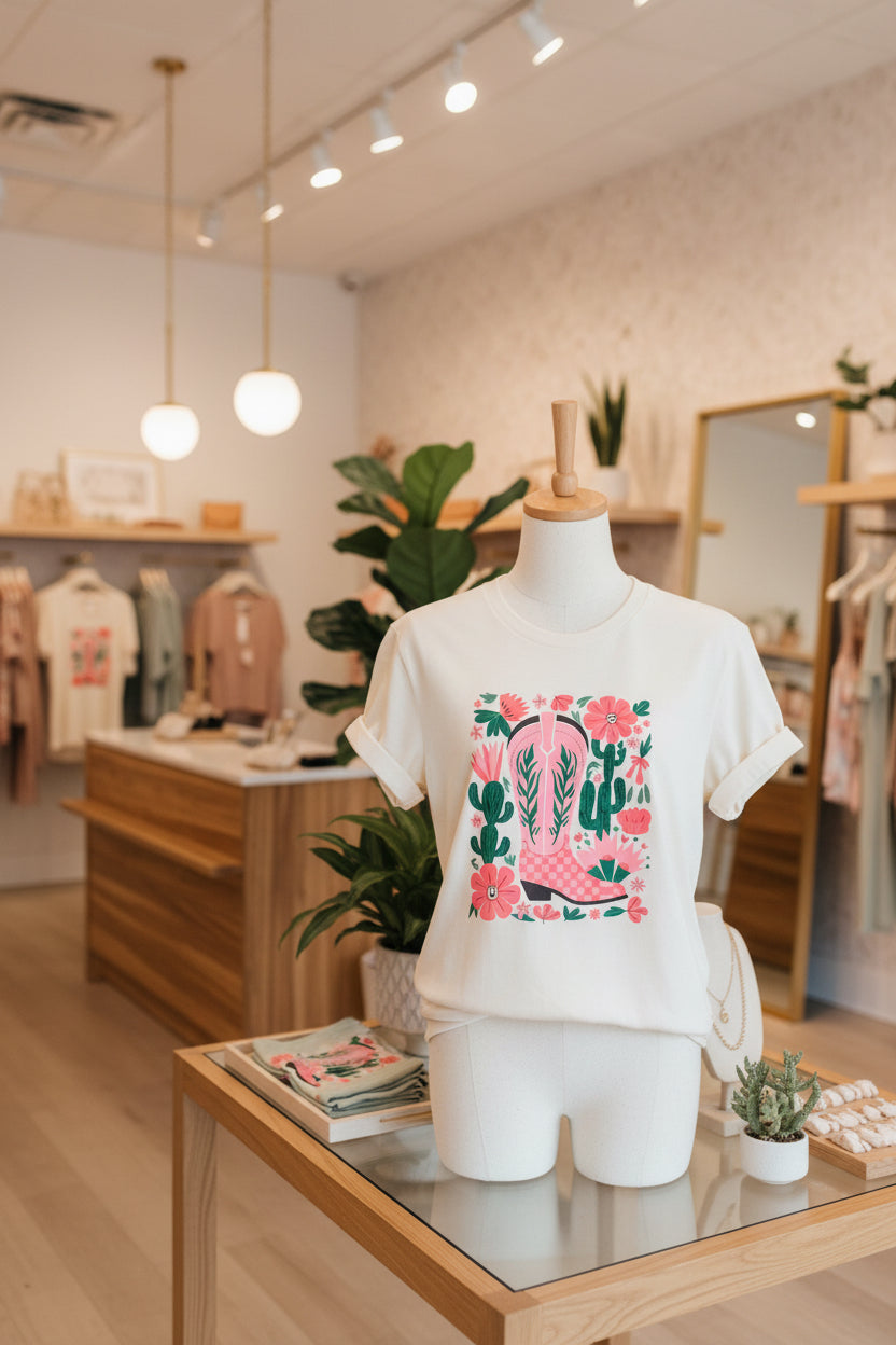 White Western Boots Flower Print Round Neck T Shirt