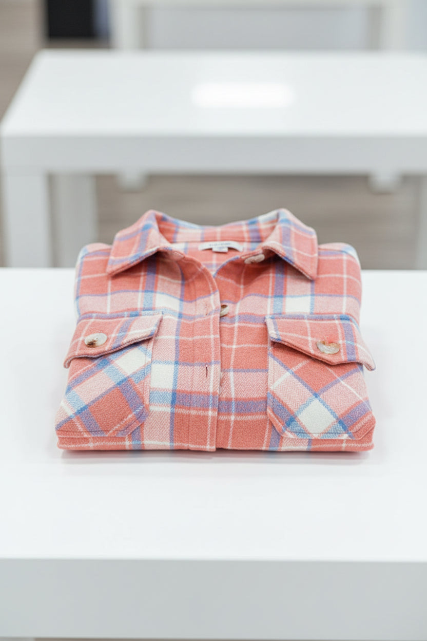 Pink Plaid Shacket Button Up With Flap Pockets Luxe Collection Limited Edition Everyday Style