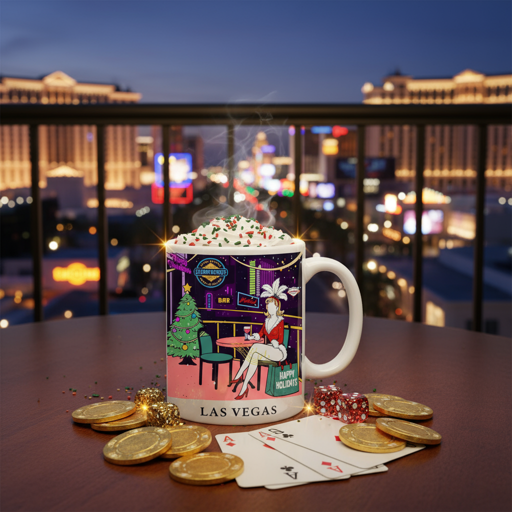 Festive Las Vegas Christmas Mug in Vegas setting