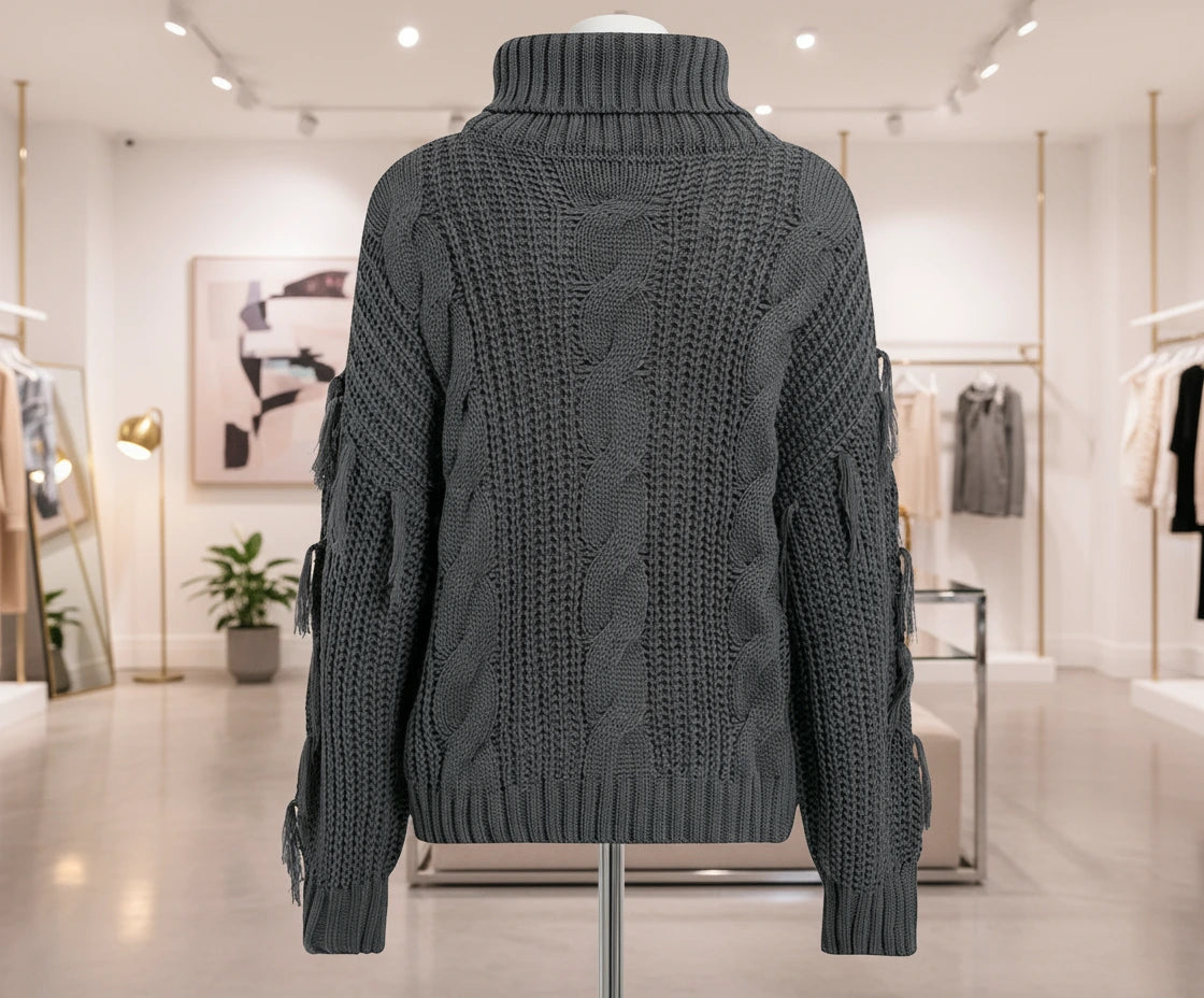 Fashionable Knit Sweater with Fringe - Women's High Neck