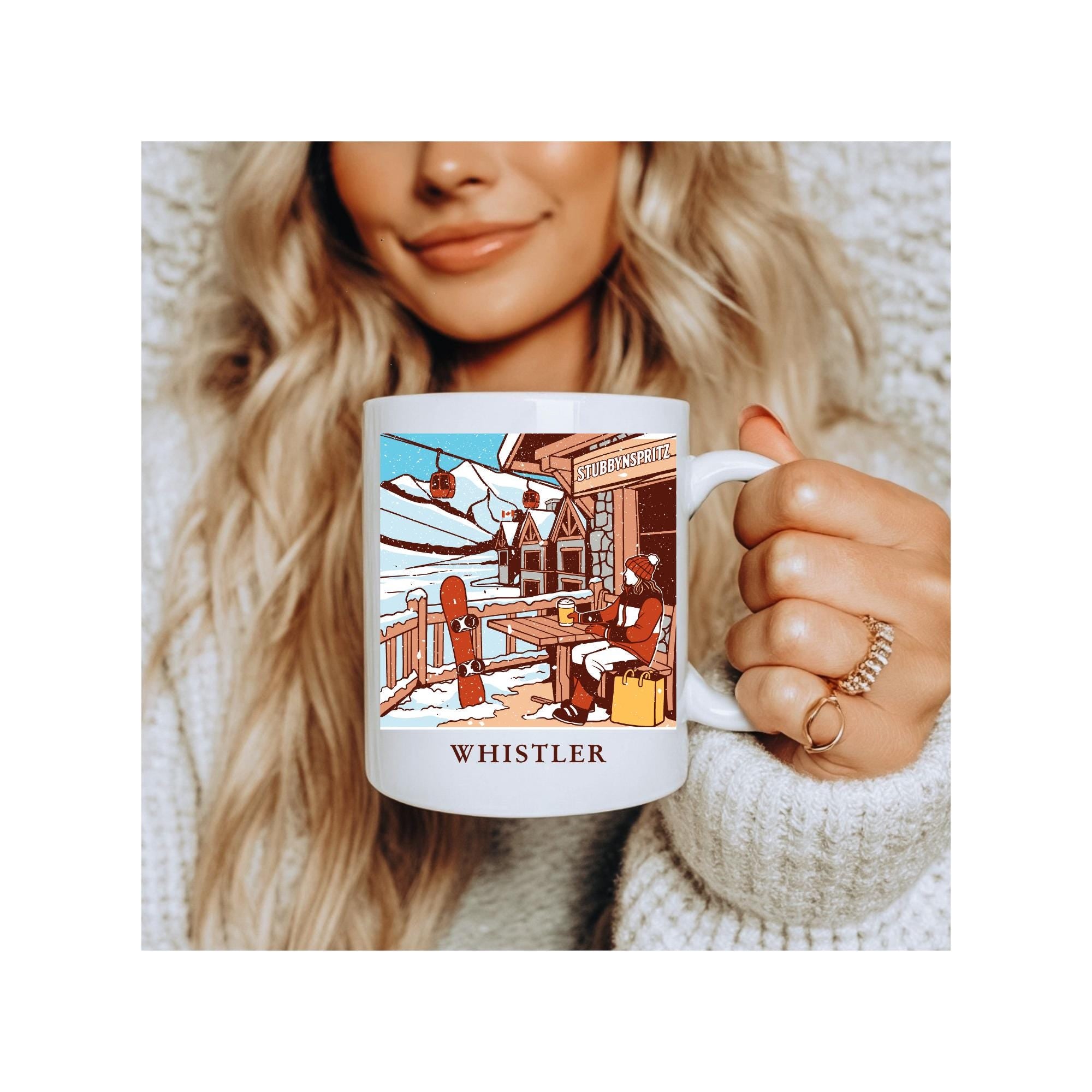 Whistler Snowy Scene Ceramic Mug: Cozy Winter Ski Lodge