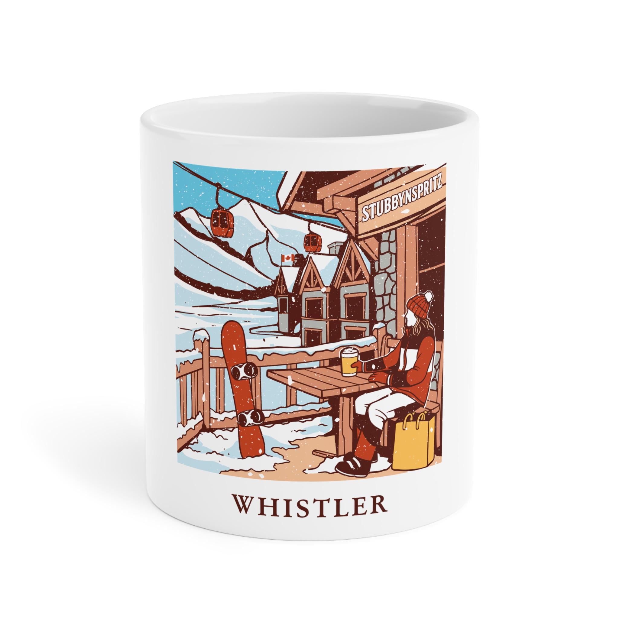 Whistler Snowy Scene Ceramic Mug: Cozy Winter Ski Lodge