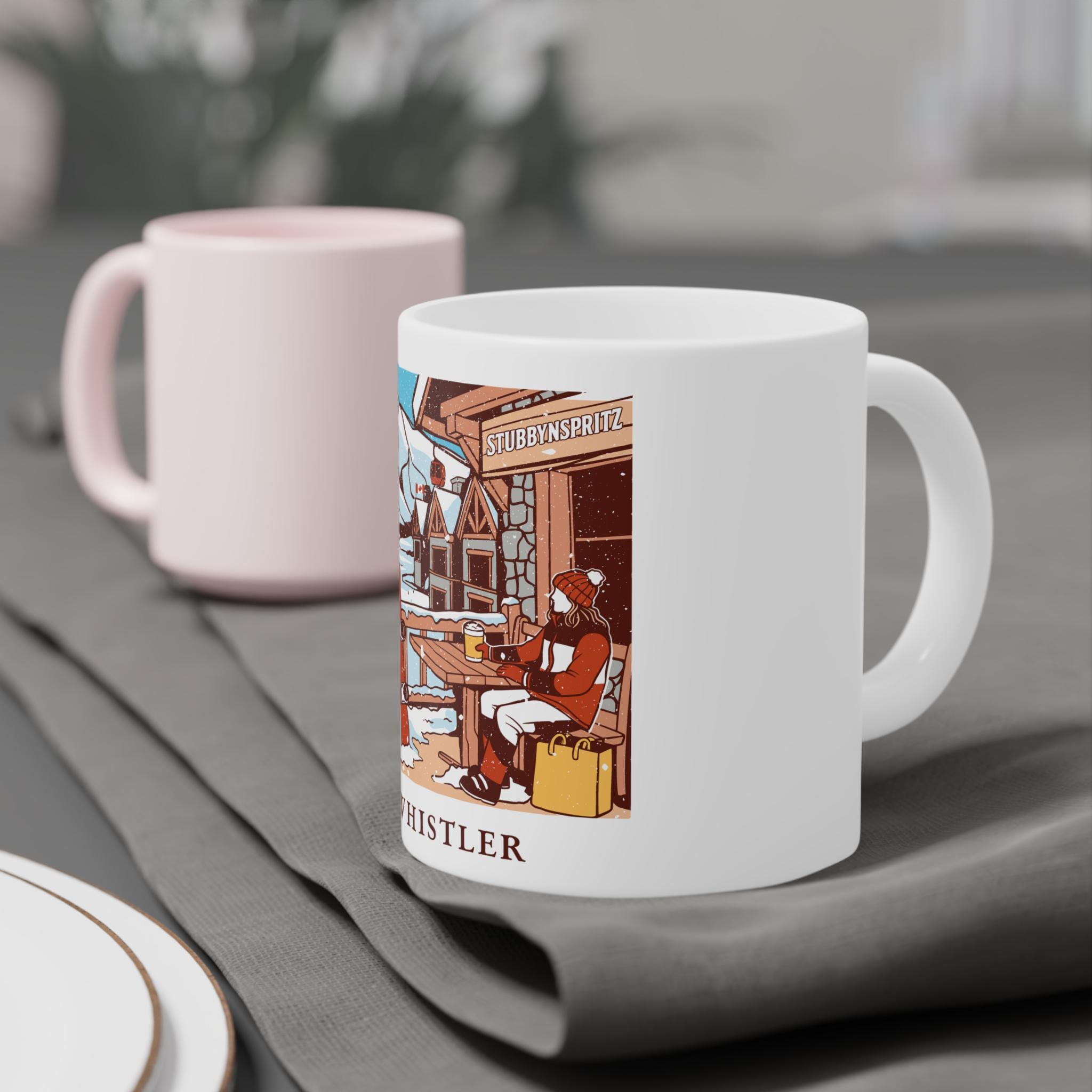 Whistler Snowy Scene Ceramic Mug: Cozy Winter Ski Lodge
