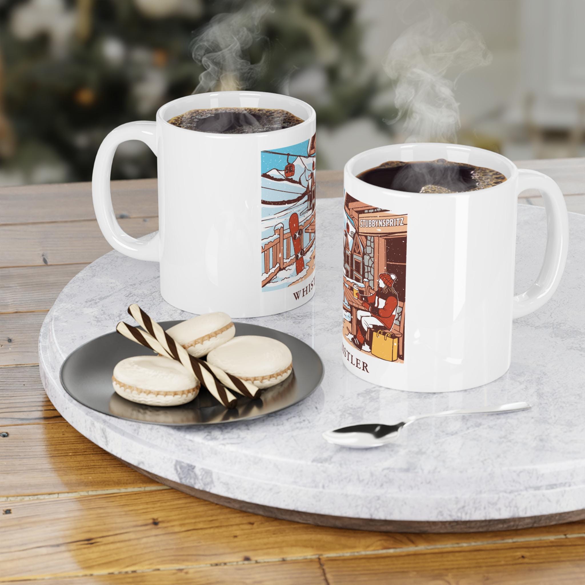 Whistler Snowy Scene Ceramic Mug: Cozy Winter Ski Lodge