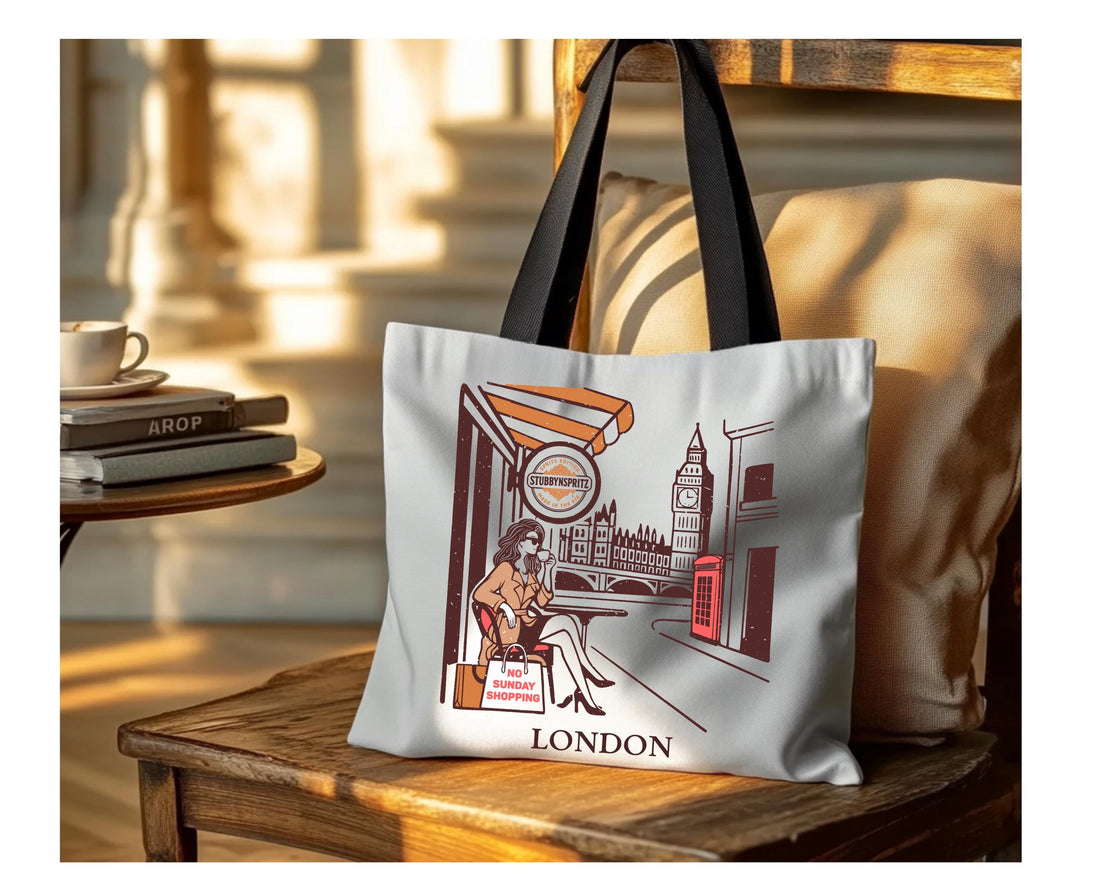 London Retro Design Tote Bag: Chic Polyester Travel Shopping Bag