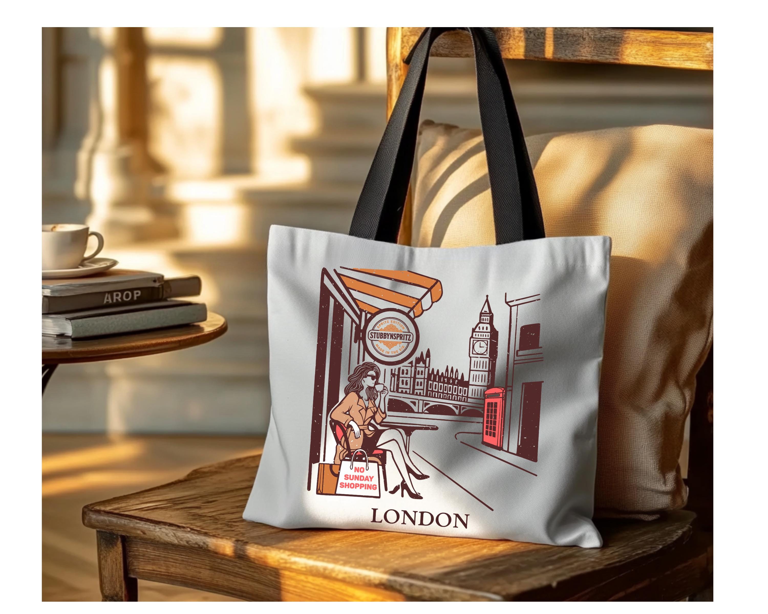 London Retro Design Tote Bag: Chic Polyester Travel Shopping Bag
