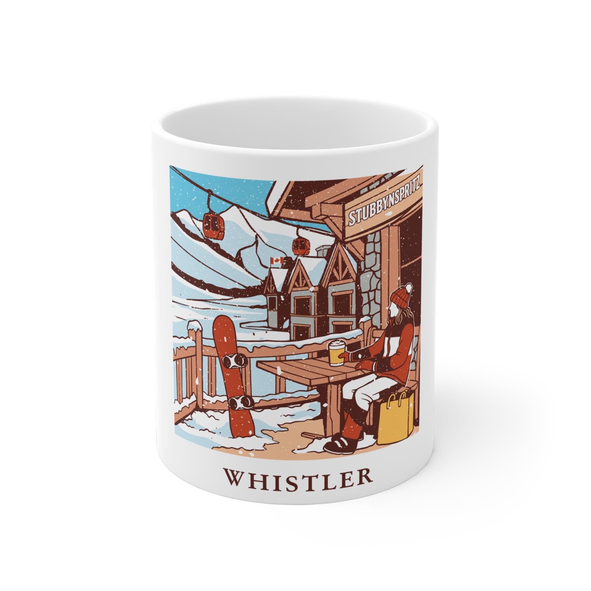 Whistler Snowy Scene Ceramic Mug: Cozy Winter Ski Lodge