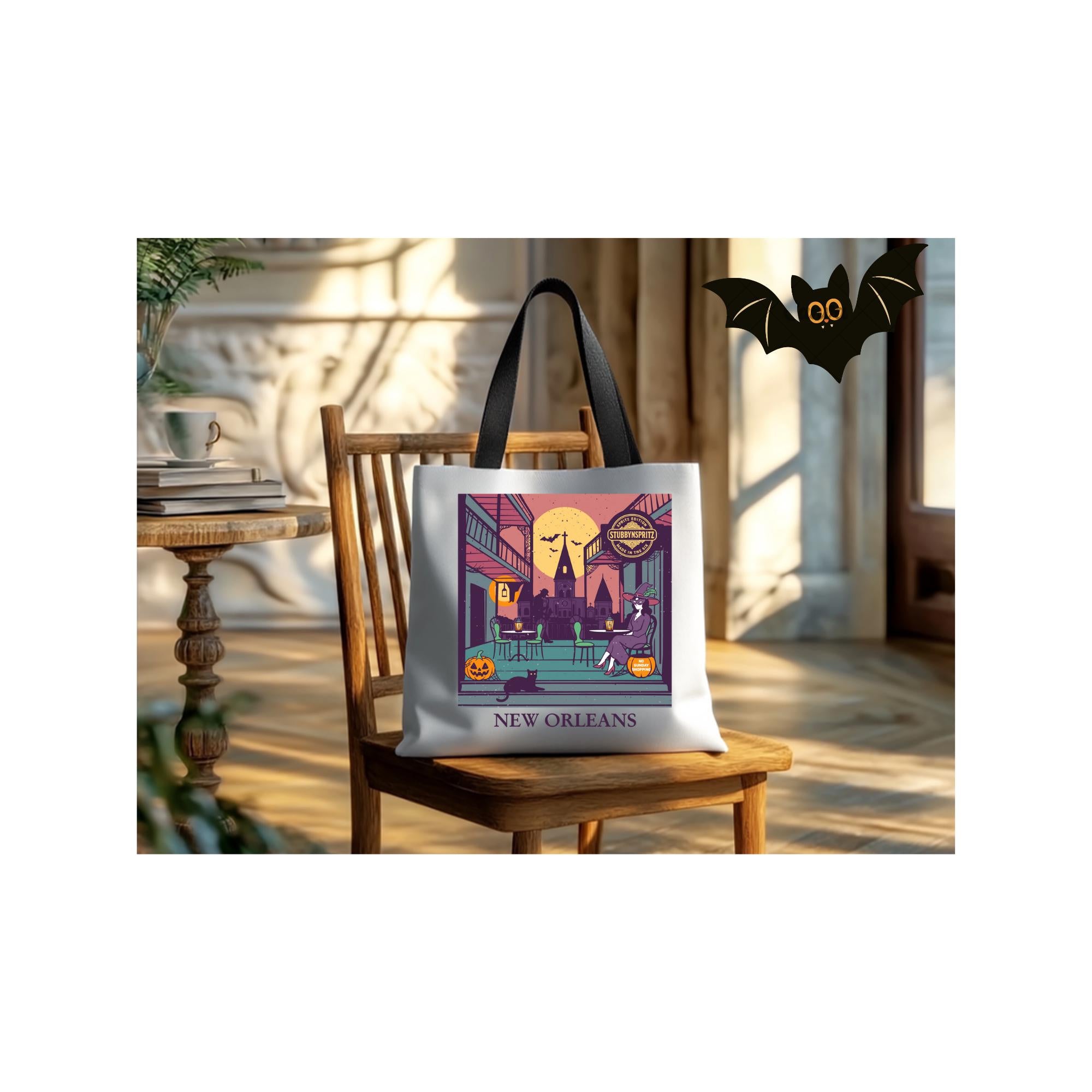 New Orleans Tote Bag: French Quarter Witch Scene Reusable Shopping Bag