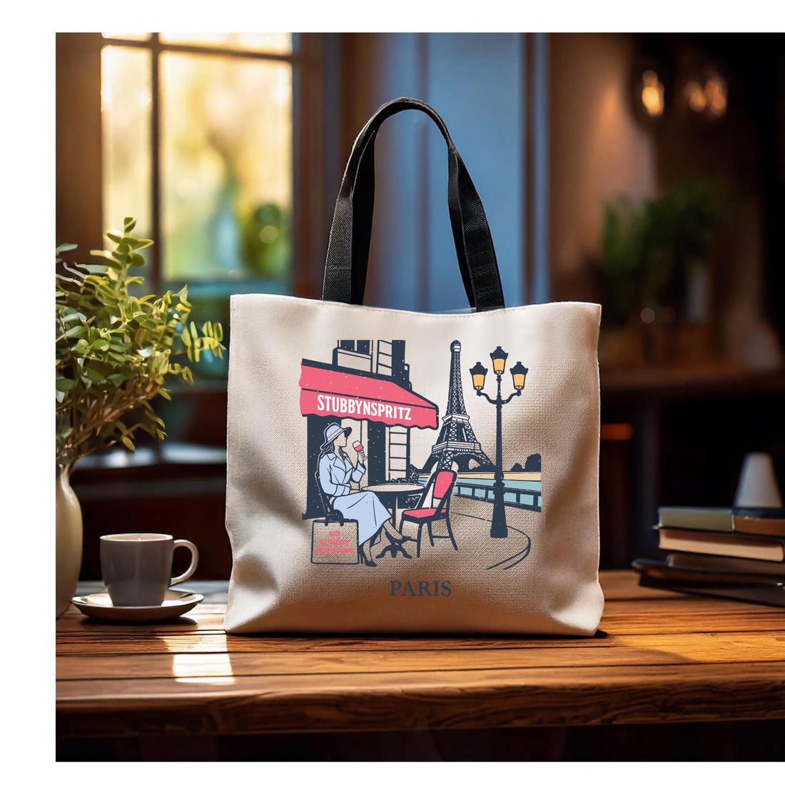 Paris Cafe Polyester Tote Bag: Eiffel Tower Travel Bag
