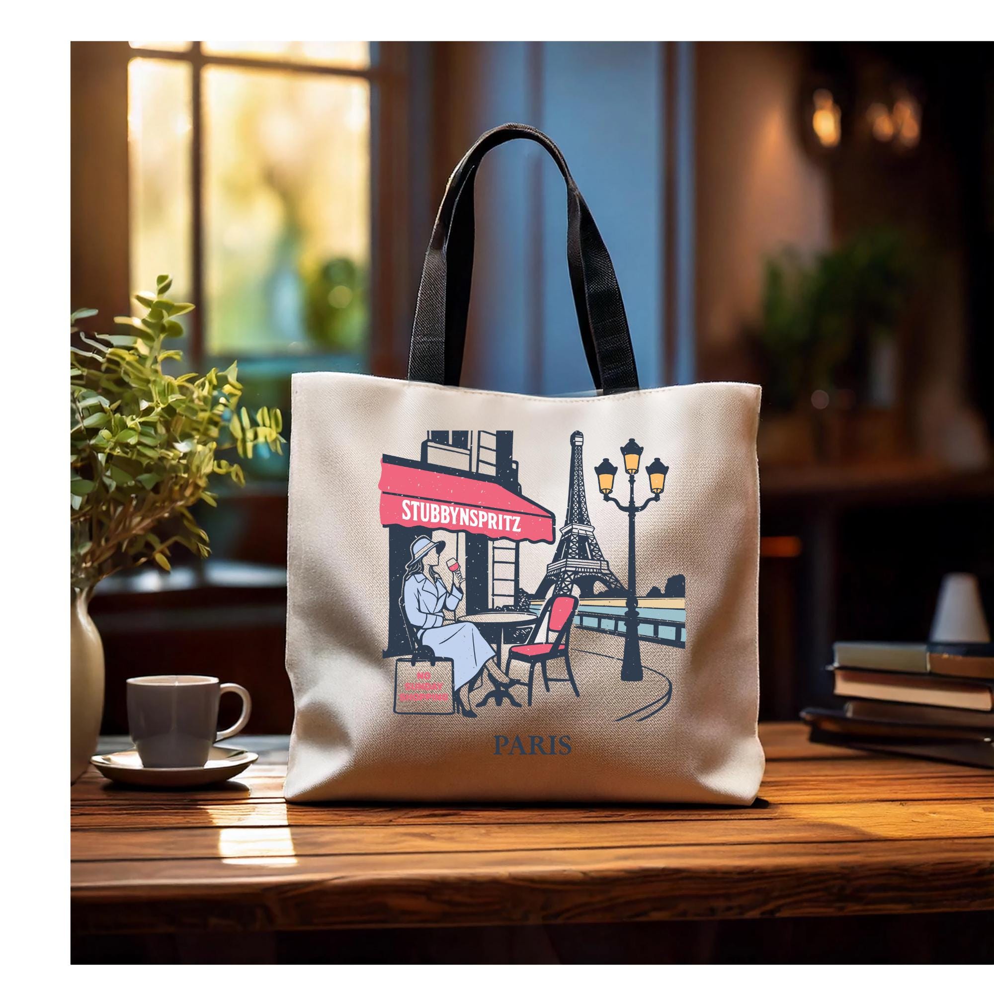 Paris Cafe Polyester Tote Bag: Eiffel Tower Travel Bag