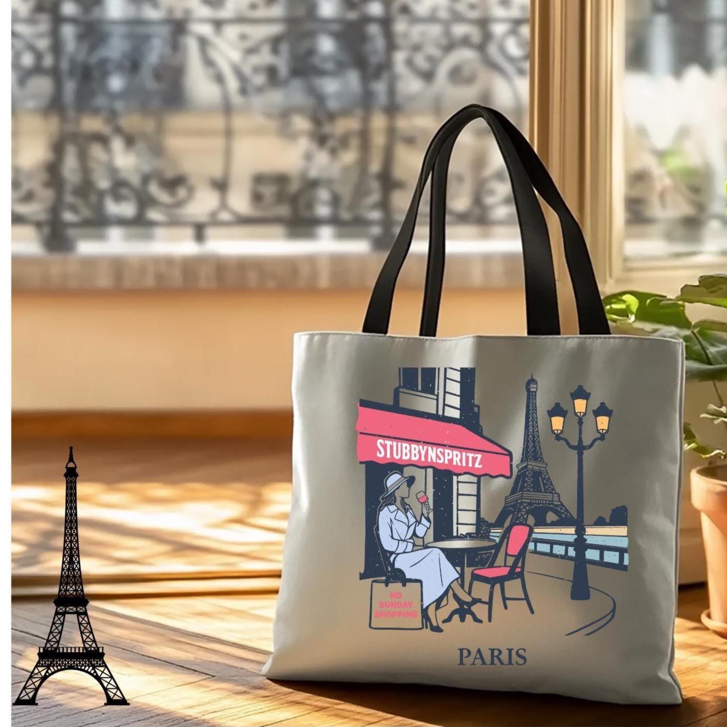 Paris Cafe Polyester Tote Bag: Eiffel Tower Travel Bag