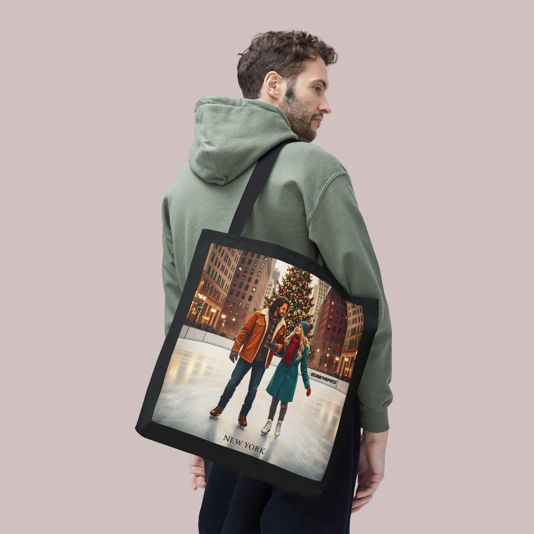 Tote Bag - New York Ice Skating Couples Romantic City Vintage Design, Christmas Tree Winter Shoulder Bag, Retro Holiday Shopping Tote, Large