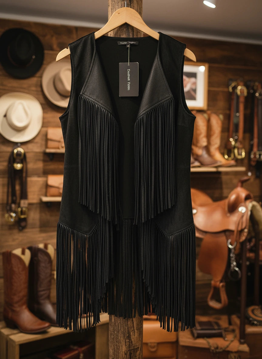 Fringe Polyester Vest Coat For Women Mid Length With Fringe Detailing Limited Edition