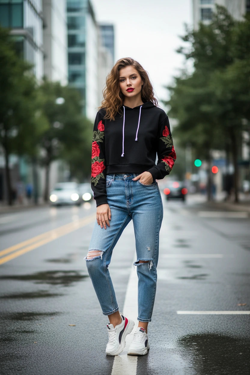 Women's Embroidered Hoodie With Long Sleeves Soft Cozy Layering Top