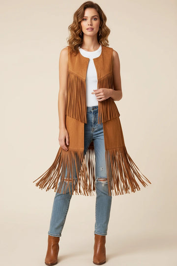 Fringe Polyester Vest Coat For Women Mid Length With Fringe Detailing Limited Edition