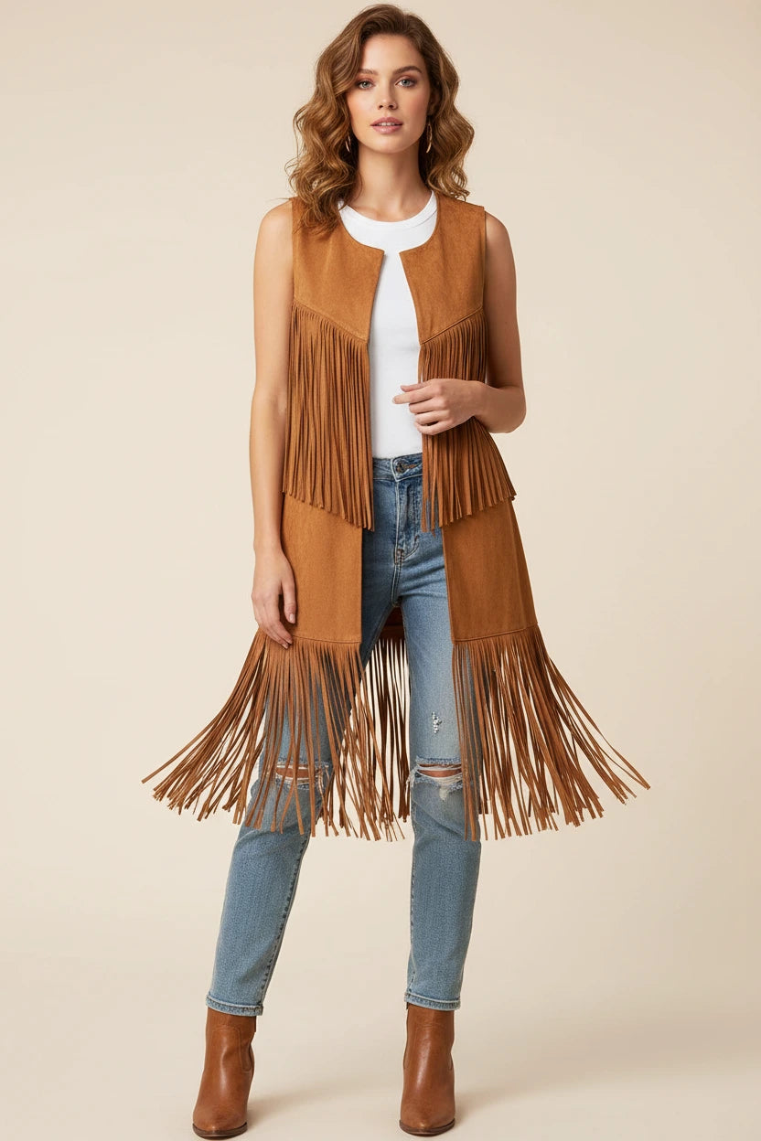 Fringe Polyester Vest Coat For Women Mid Length With Fringe Detailing Limited Edition