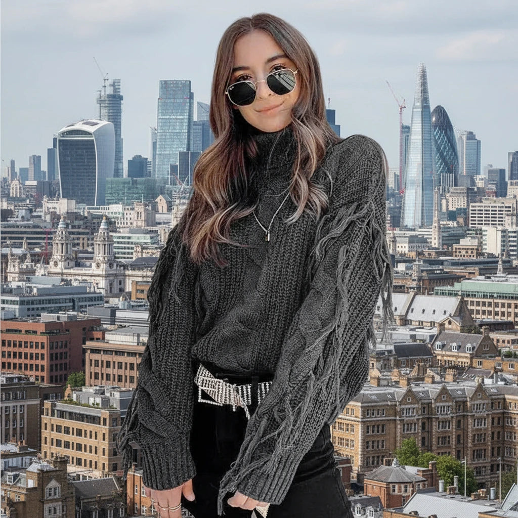 Fashionable Knit Sweater with Fringe - Women's High Neck