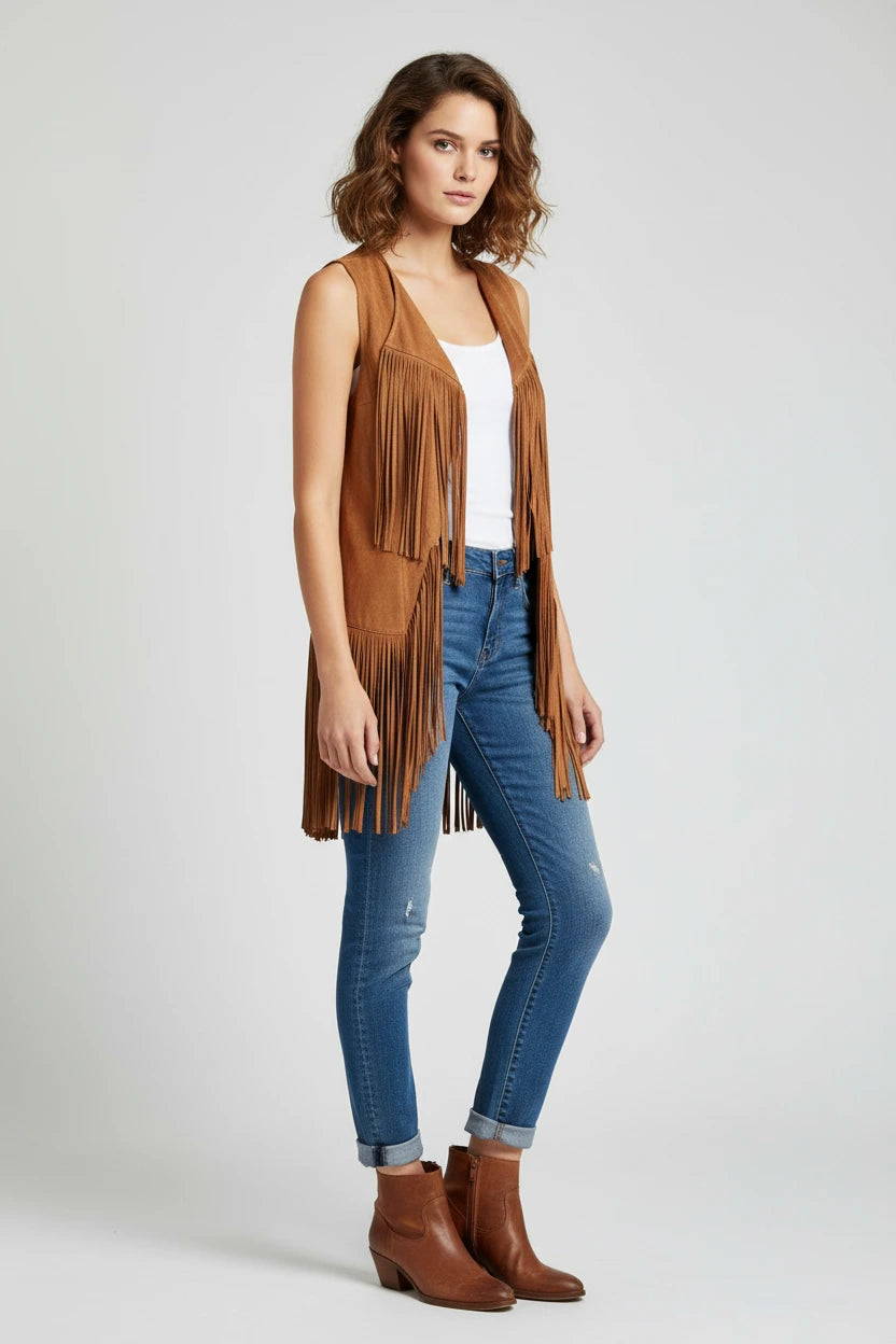 Fringe Polyester Vest Coat For Women Mid Length With Fringe Detailing Limited Edition
