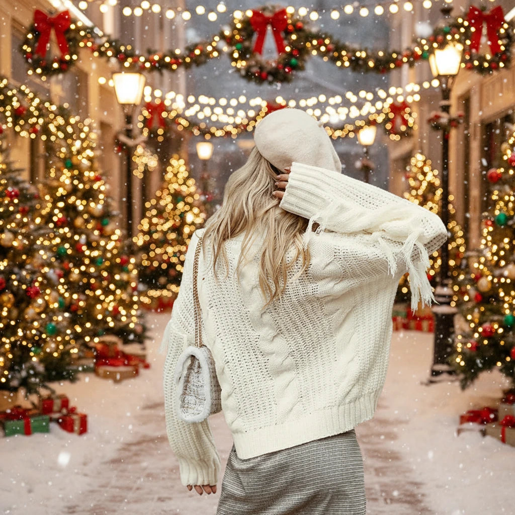 Fashionable Knit Sweater with Fringe - Women's High Neck