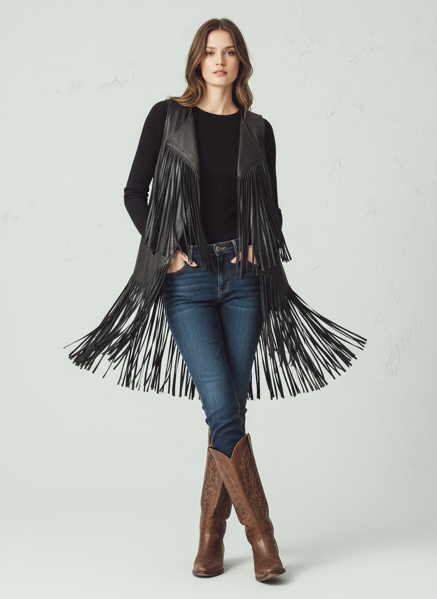 Fringe Polyester Vest Coat For Women Mid Length With Fringe Detailing Limited Edition