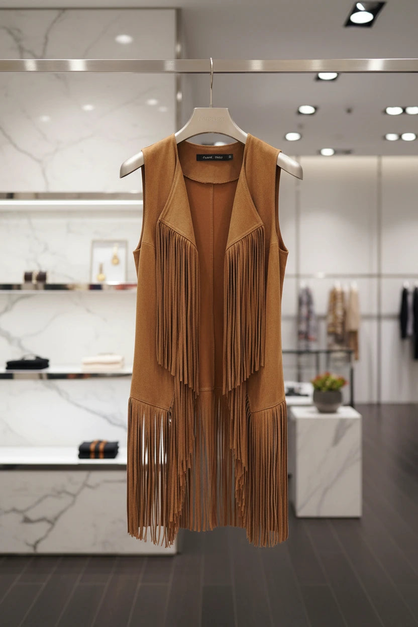 Fringe Polyester Vest Coat For Women Mid Length With Fringe Detailing Limited Edition